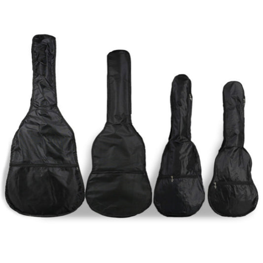 Set of black guitar bags with padded neck and body covers in multiple sizes