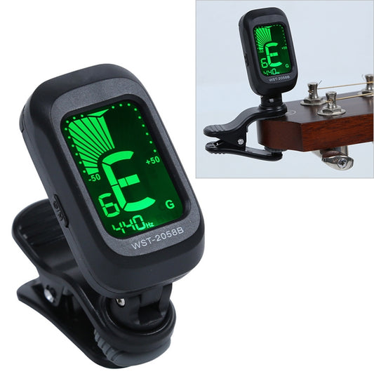 Black electronic guitar tuner capo with clip and green LCD display