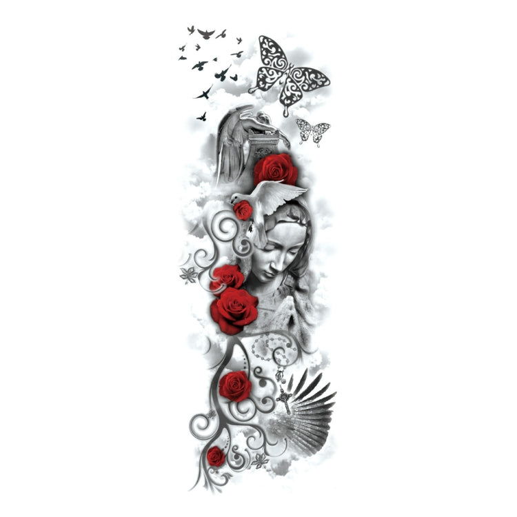 Large arm sleeve temporary tattoo sticker design: grayscale portrait, red roses, butterfly accents.