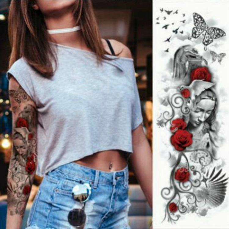 Large arm sleeve temporary tattoo sticker covering upper arm and forearm with red roses.