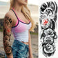 Large arm sleeve temporary tattoo sticker with black-and-white roses, clock details, and ornate art.