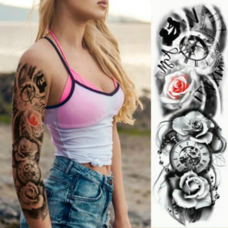 Large arm sleeve temporary tattoo sticker with black-and-white roses, clock details, and ornate art.