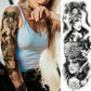 Large arm sleeve temporary tattoo sticker with black-and-white portraits, leopard spots, and roses.