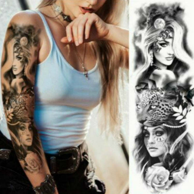 Large arm sleeve temporary tattoo sticker with black-and-white portraits, leopard spots, and roses.