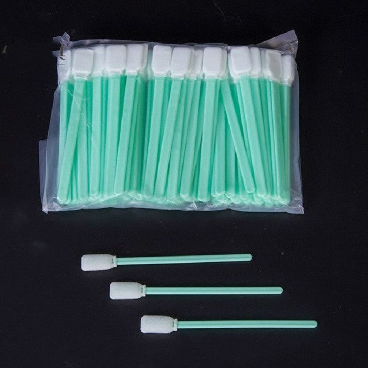 Inkjet sponge cleaning wipe sticks in clear pack, mint-green sticks with white flat sponge heads