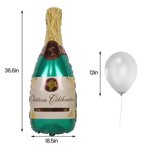 Champagne bottle-shaped foil balloon with size diagram and white latex balloon