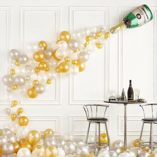 Champagne bottle foil balloon with gold, white, clear latex balloon cluster for decor