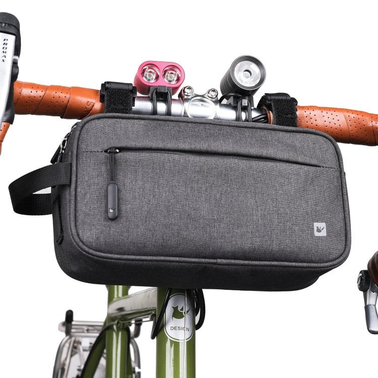 Rhinowalk front hanging bicycle bag in gray, mounted on front of a bike frame