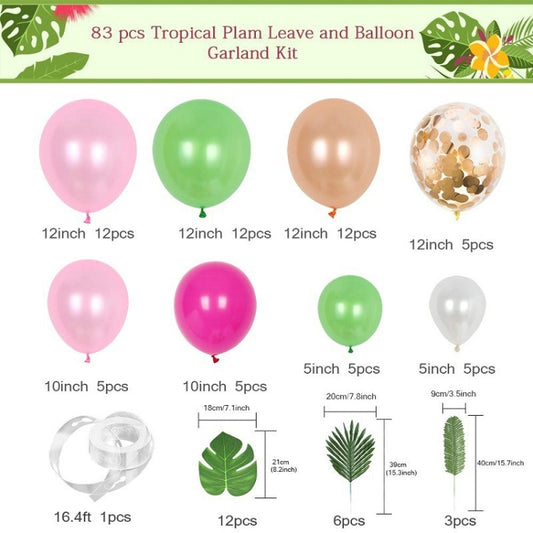 Tropical balloon garland kit with pink, green, gold, and confetti balloons plus leaf decor