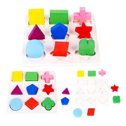 Assorted colorful wooden geometric shapes, including circle, hexagon, star, triangle, squares, and plus signs