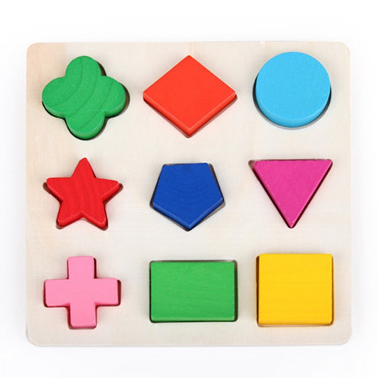 Colorful wooden geometric shape puzzle pieces on a square base: clover, diamond, circle, star, hexagon, triangle