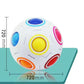 White fidget ball with blue, yellow, red, orange, and pink circular button panels