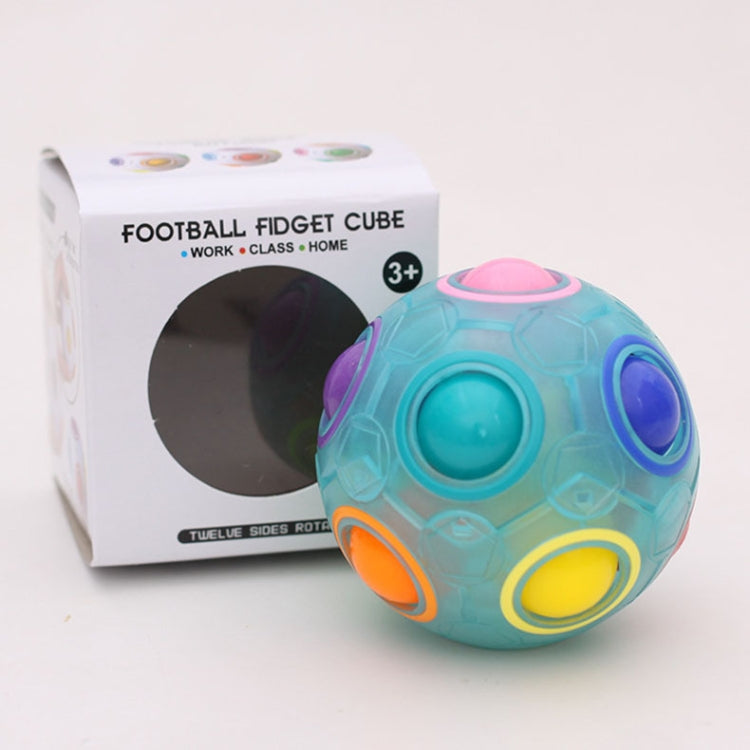 Luminous blue fidget ball toy beside retail box, with pink top dome and side ports