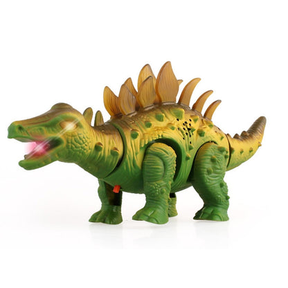 Green light-up electric dinosaur toy with brown spikes and glowing color effects