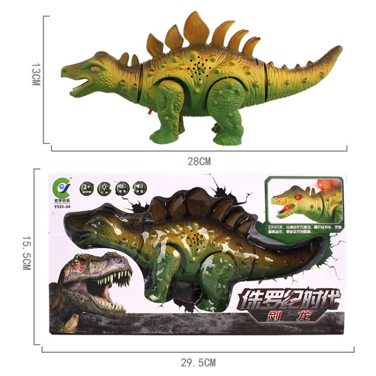 Boxed electric dinosaur toy with glowing color lights and size diagram