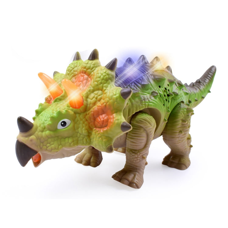Green light-up dinosaur toy with orange horns and color LED light effects