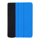 Blue plastic scraper with black felt pad, close side view of cleaning tool