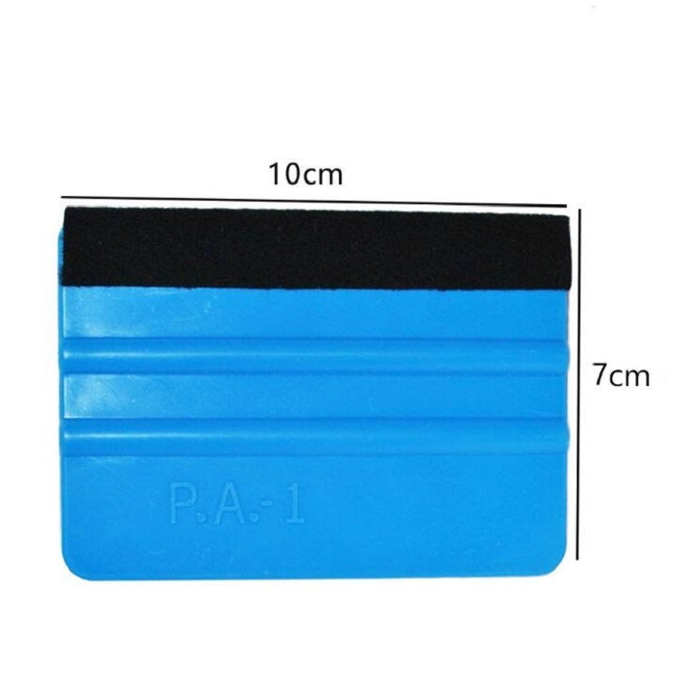 Blue felt scraper measuring 10cm by 7cm, black felt pad on plastic base