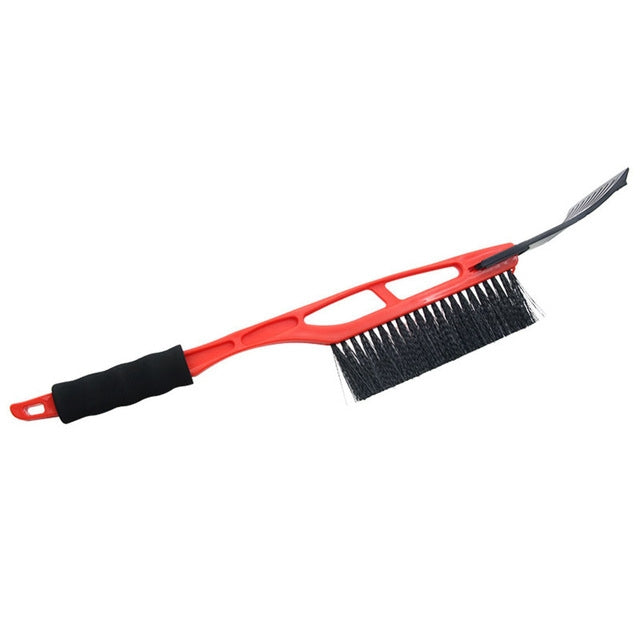 Red multifunction car windshield snow brush with scraper edge and textured bristles