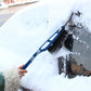 Blue windshield snow scraper brush in use on frosted glass