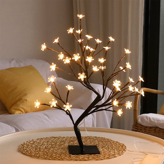 Warm white LED cherry blossom light tree with black branches and rectangular base