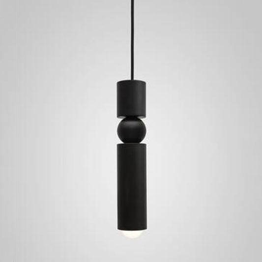 Black single-head pendant chandelier with cylindrical shades and round middle accents