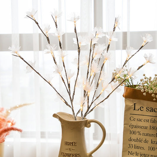 LED fiber optic flower twig light string with white blossoms and warm glow