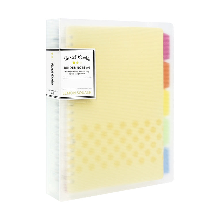 Yellow frosted loose-leaf binder notebook with pastel cookie label on front cover