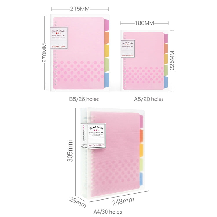 A5 loose-leaf binder notebook size chart with pink cover showing hole layout