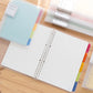 Pastel loose-leaf notebook with spiral rings, open lined pages and rainbow side tabs