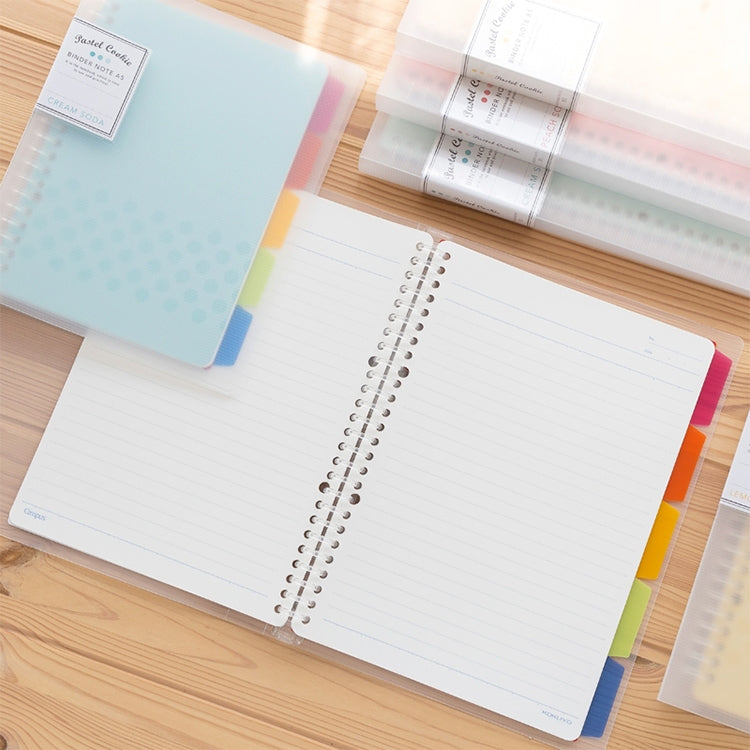 Pastel loose-leaf notebook with spiral rings, open lined pages and rainbow side tabs