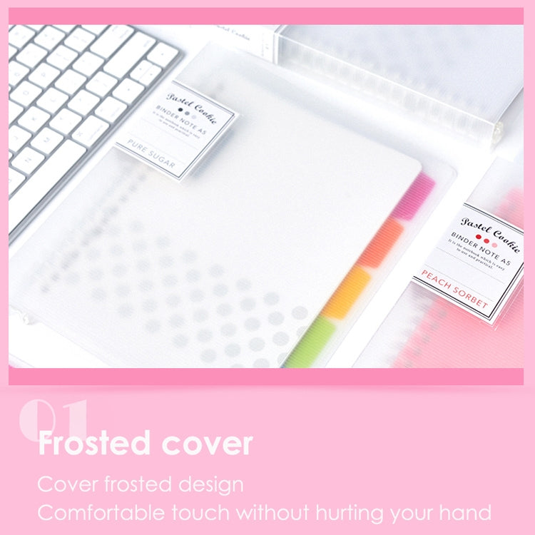Frosted yellow loose-leaf binder notebook cover with pastel label and metal binder rings