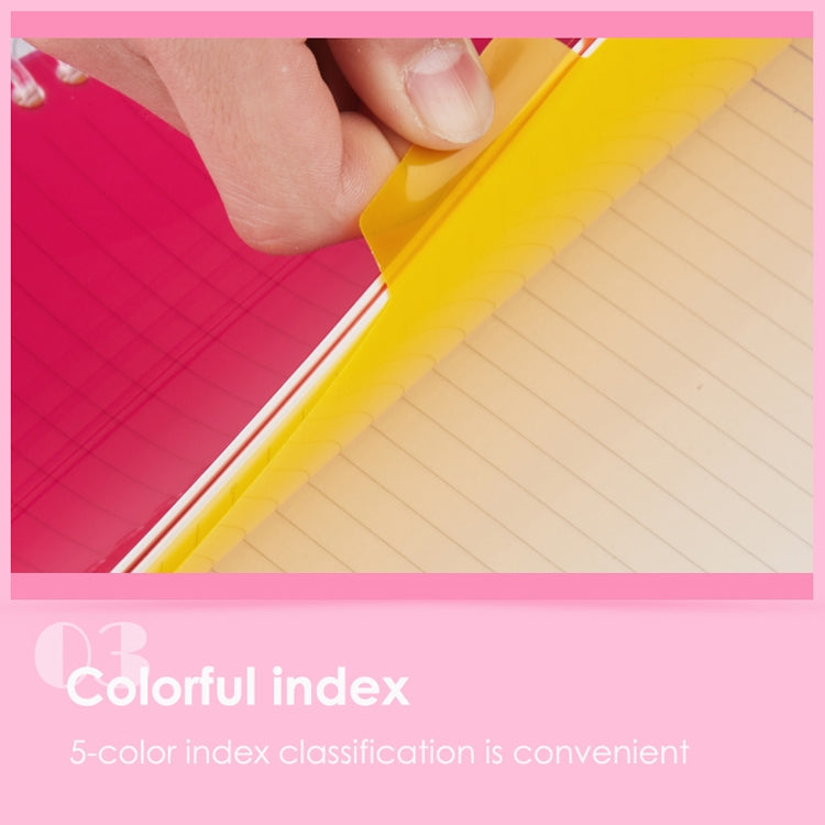 Hand inserting a colored index tab into a loose-leaf binder notebook