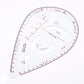 Transparent curved metric ruler with printed guide lines, cutouts, and degree scale