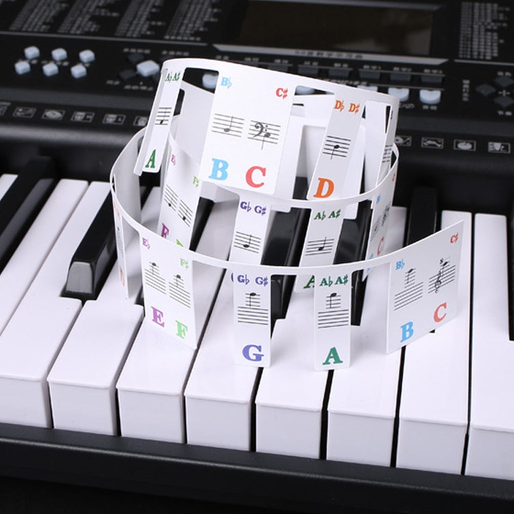 Imitation piano key stickers with colorful letter-note labels, applied to white keys.