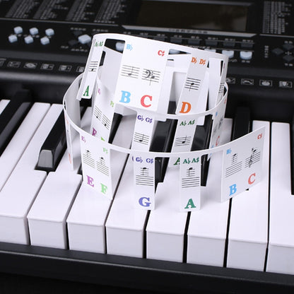 Imitation piano key stickers with colorful letter-note labels, applied to white keys.