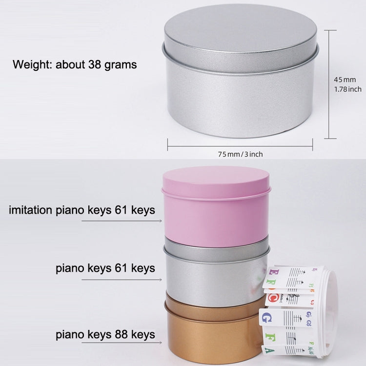 Imitation piano key sticker rolls in silver, pink, and gold cases for 61 and 88 keys.