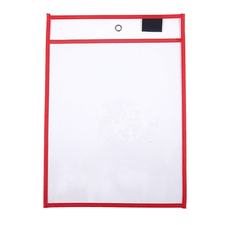 Red hanging PVC A4 transparent dry-erase document bag, top hole and black label strip