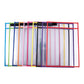 Multicolor hanging PVC A4 transparent dry-erase document bags, each with black label strip