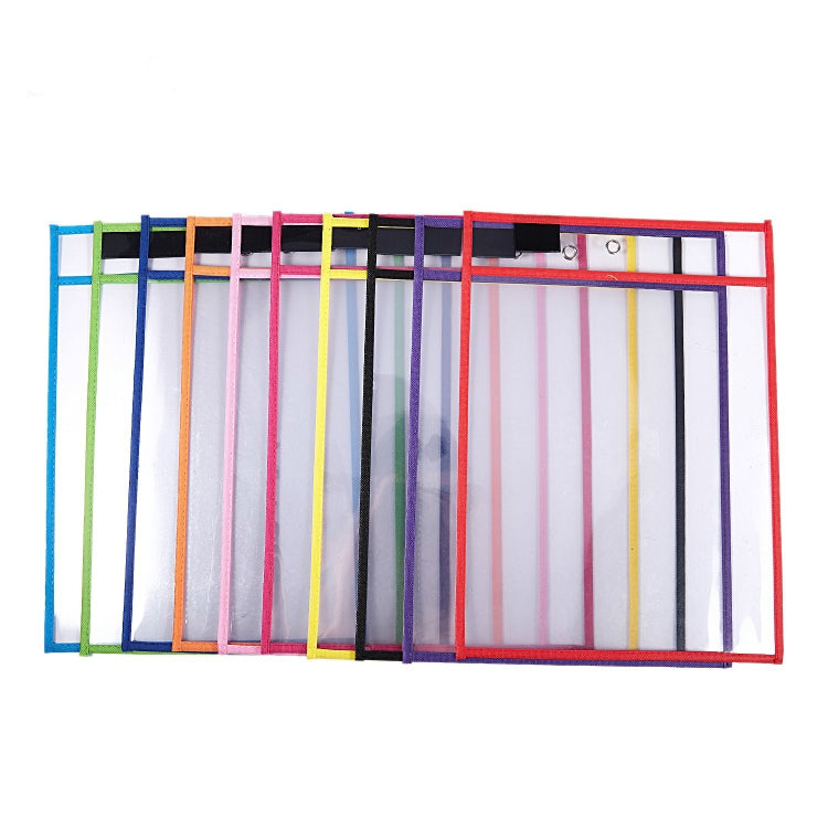 Multicolor hanging PVC A4 transparent dry-erase document bags, each with black label strip