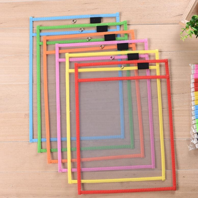 Stack of multicolor hanging PVC A4 transparent dry-erase document bags with black label strips