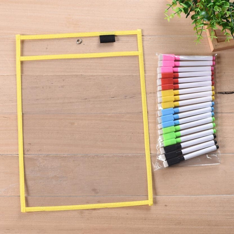 Yellow hanging PVC A4 transparent dry-erase document bag with top hole and black label strip