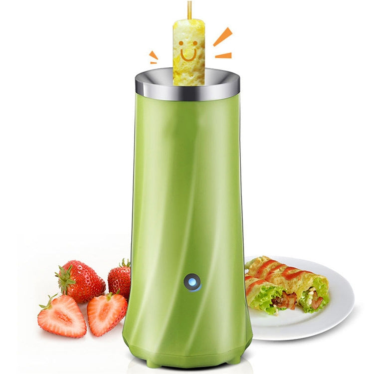 Electric egg roll maker, green body with stainless rim and yolk-topping holder on top.