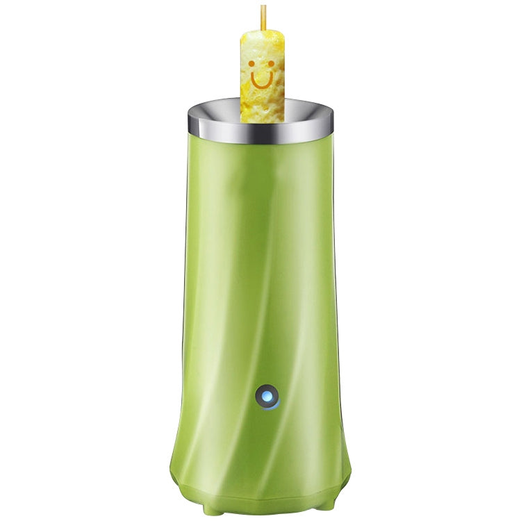 Electric egg roll maker, green appliance with stainless top rim and small indicator light.