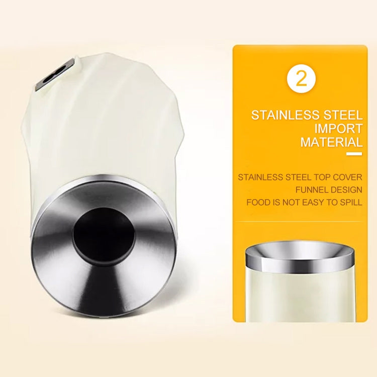 Electric egg roll maker with stainless funnel top cover and wide base opening for eggs.