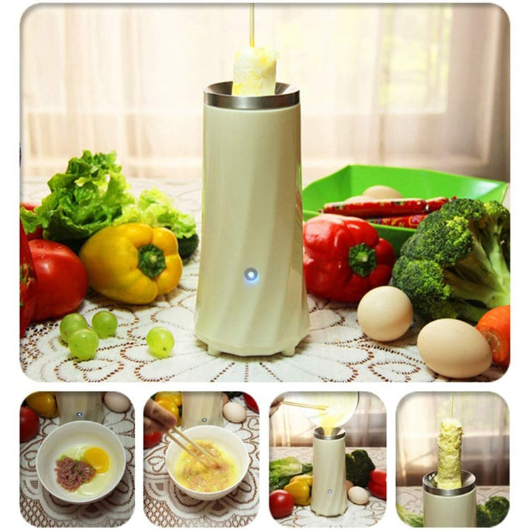 Electric egg roll maker with stainless top rim and indicator light, cream body on kitchen counter.