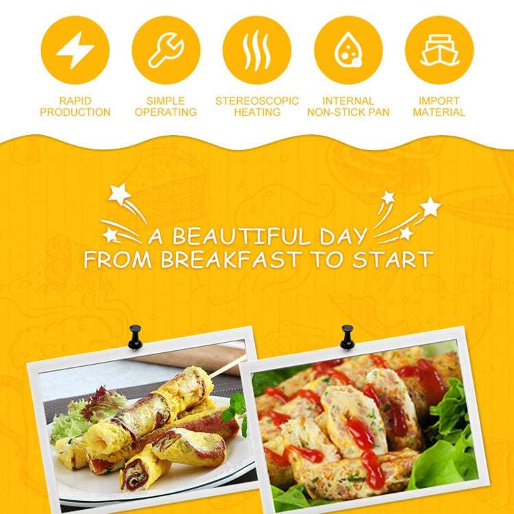 Egg roll maker promotional graphic with icons and photos of filled breakfast dishes.