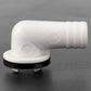 Elbow drain nozzle fitting, white plastic with round base and black mounting ring