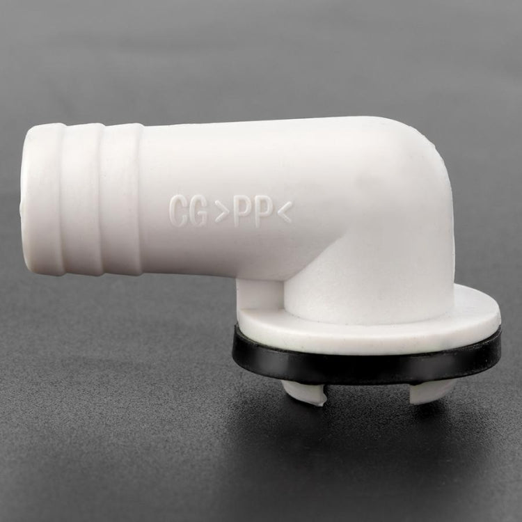 Elbow air conditioner outlet drain nozzle, white plastic with black base gasket