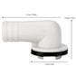Elbow drain nozzle fitting, white plastic with black gasket, elbow outlet connector